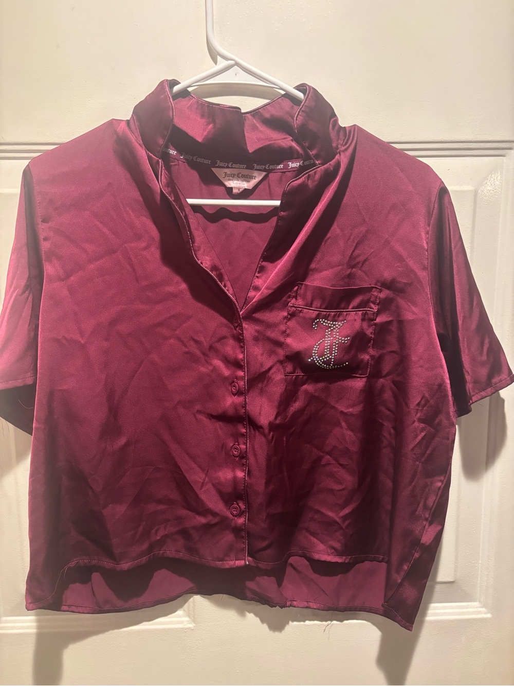 Juicy Couture Wine Satin Short Sleeve Button-Front Top